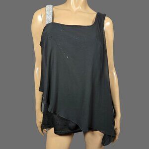 Y2K Black Shimmery Asymmetric Chiffon Top With Rhinestone Strap size M Going Out